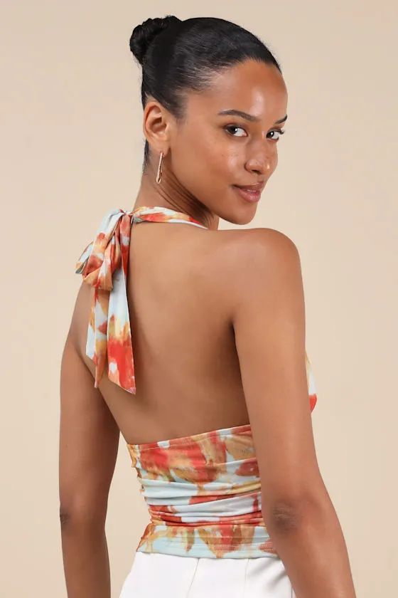 Ayaka Light Blue and Orange Abstract Mesh Halter Top sold by Lulus product image thumbnail 2