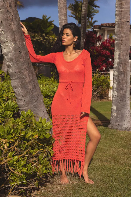 Lokelani Bright Red Crochet Fringe Long Sleeve Swim Cover-Up sold by Lulus