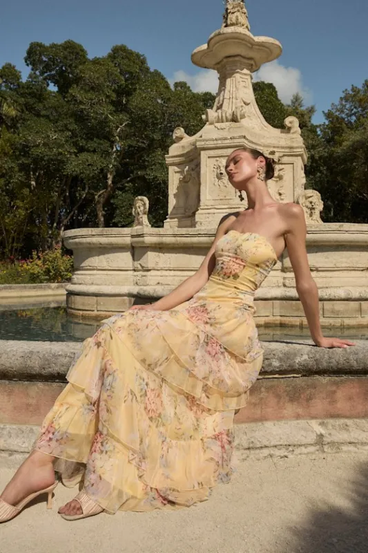 Niyati Yellow Floral Strapless Tiered Maxi Dress made by Lulus