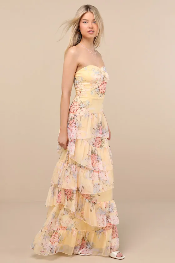 Niyati Yellow Floral Strapless Tiered Maxi Dress sold by Lulus product image thumbnail 4