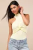 Vyla Light Yellow Textured Ribbed Twist-Front Bodysuit sold by Lulus