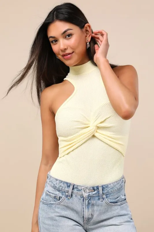 Vyla Light Yellow Textured Ribbed Twist-Front Bodysuit sold by Lulus