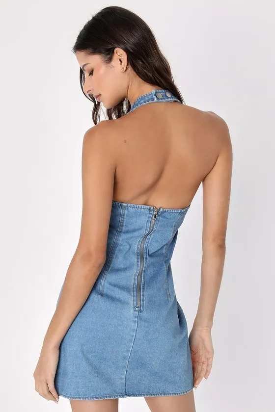 Summertime Inspiration Medium Wash Denim Halter Mini Dress sold by Lulus product image thumbnail 4