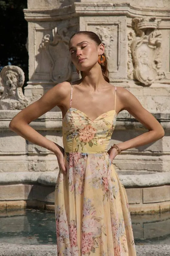 Breigh Yellow Floral Sleeveless Maxi Dress sold by Lulus