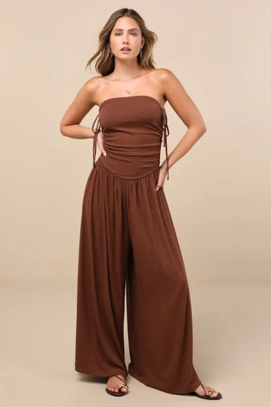 Halloran Chocolate Brown Pointelle Strapless Wide-Leg Jumpsuit sold by Lulus