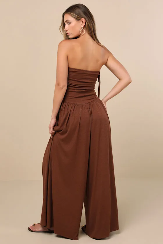 Halloran Chocolate Brown Pointelle Strapless Wide-Leg Jumpsuit sold by Lulus product image thumbnail 3