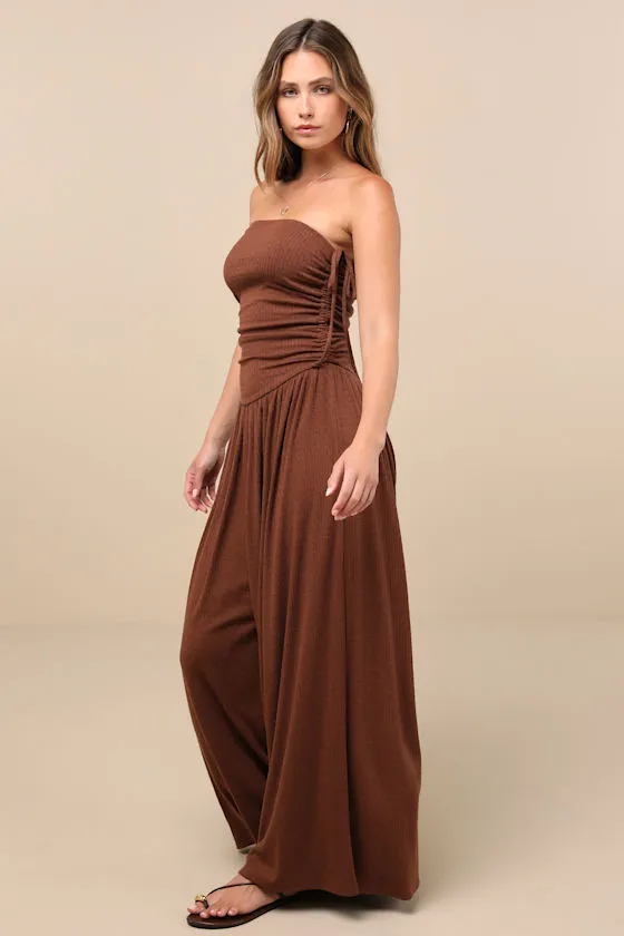 Halloran Chocolate Brown Pointelle Strapless Wide-Leg Jumpsuit sold by Lulus product image thumbnail 4