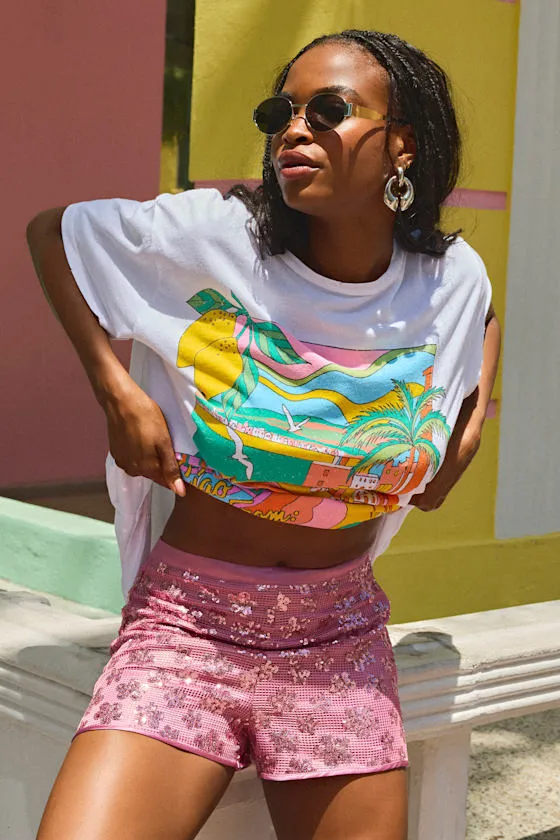 Sandrea Pink Sequin High-Rise Micro Shorts sold by Lulus