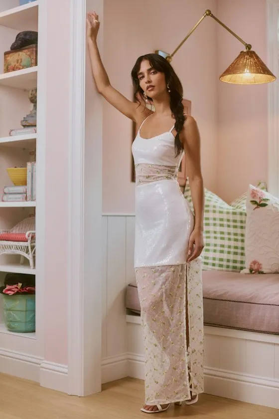 Malone White Sheer Sequin Embroidered Maxi Dress sold by Lulus