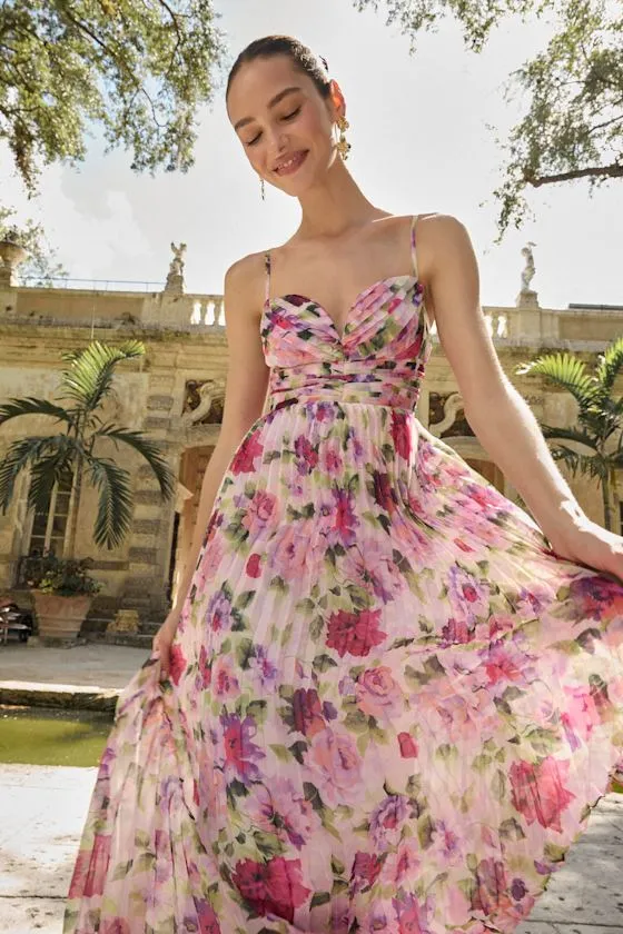 Samika Pink Multi Floral Satin Pleated Maxi Dress sold by Lulus