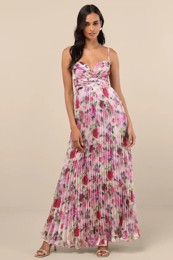 Samika Pink Multi Floral Satin Pleated Maxi Dress sold by Lulus product image thumbnail 3