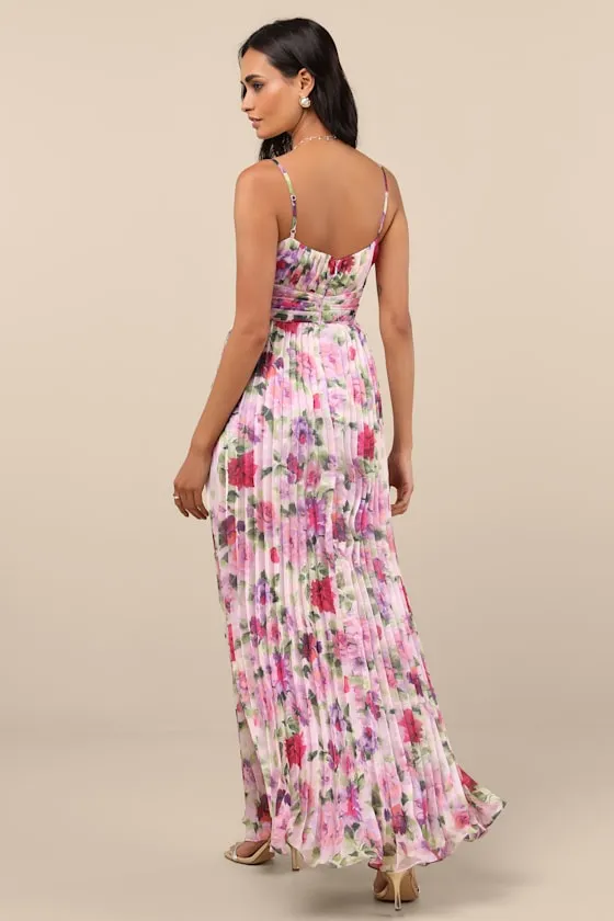 Samika Pink Multi Floral Satin Pleated Maxi Dress sold by Lulus product image thumbnail 4