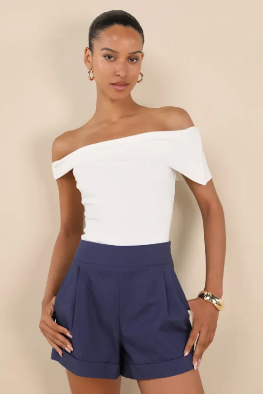 Marieke Navy Pleated High-Rise Shorts sold by Lulus