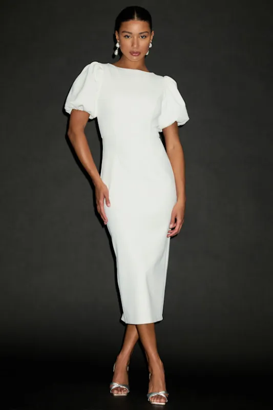 Simply Beloved White Puff Sleeve Bodycon Midi Dress sold by Lulus
