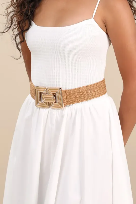 Dajana Tan and Gold Straw Woven Belt sold by Lulus