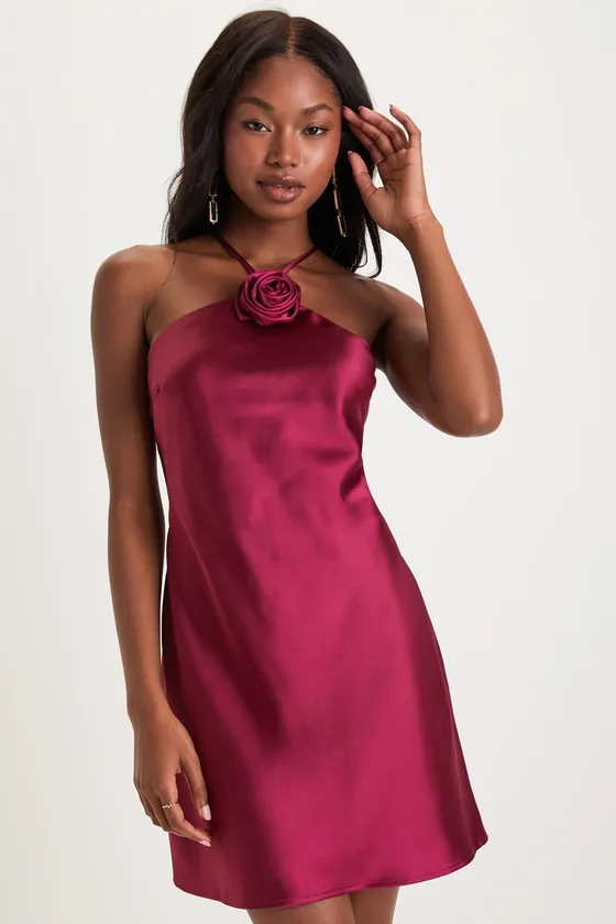 Sweet Prose Magenta Satin Rosette Halter Neck Mini Dress sold by Lulus