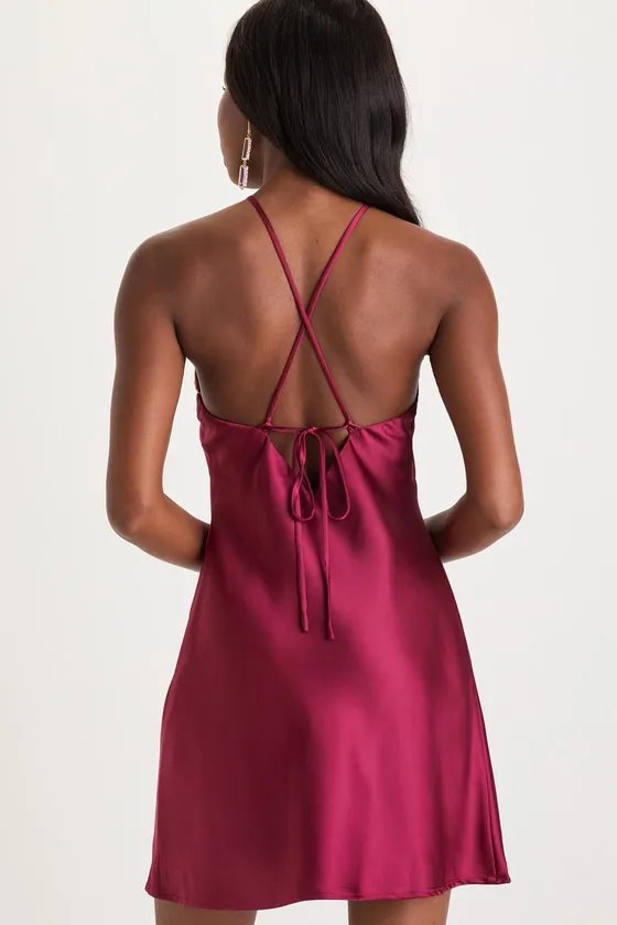 Sweet Prose Magenta Satin Rosette Halter Neck Mini Dress sold by Lulus product image thumbnail 3