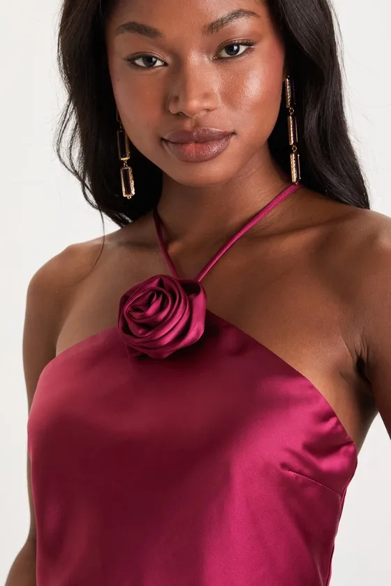 Sweet Prose Magenta Satin Rosette Halter Neck Mini Dress sold by Lulus product image thumbnail 4