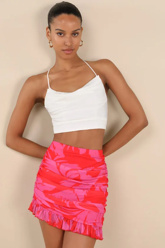Mideia Pink Floral Mesh Ruched Ruffled Mini Skirt sold by Lulus