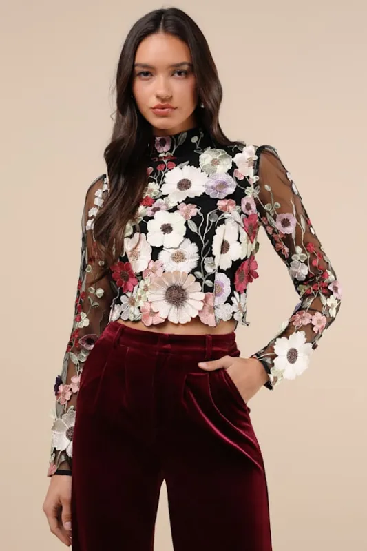 Fantastic Charisma Black 3D Floral Lace-Up Top sold by Lulus