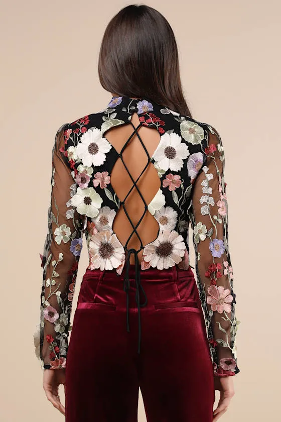 Fantastic Charisma Black 3D Floral Lace-Up Top sold by Lulus product image thumbnail 2