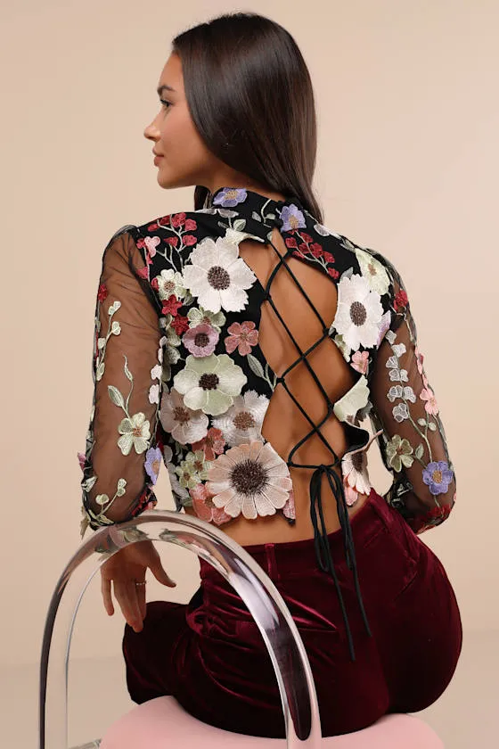 Fantastic Charisma Black 3D Floral Lace-Up Top sold by Lulus product image thumbnail 4