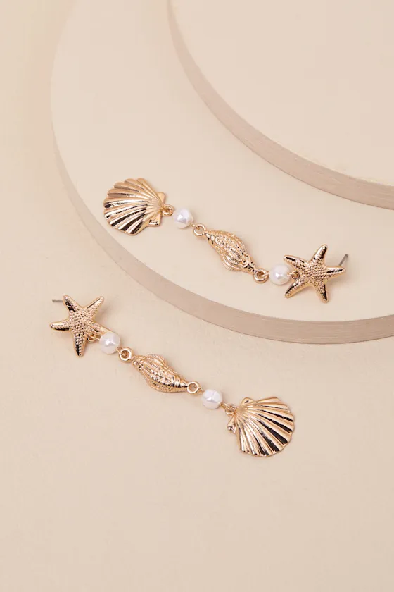 Gisela Gold Pearl Seashell Drop Earrings sold by Lulus product image thumbnail 3