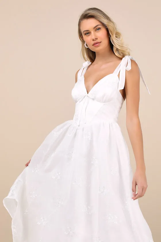 Aero White Embroidered Tie-Strap A-Line Midi Dress sold by Lulus