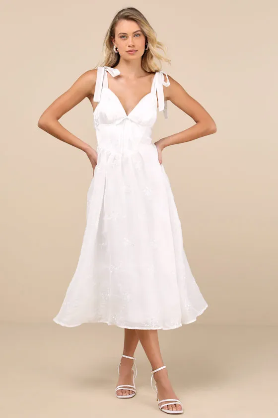 Aero White Embroidered Tie-Strap A-Line Midi Dress sold by Lulus product image thumbnail 2