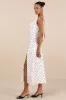 Matea White Polka Dot Satin Cowl Tie-Back Midi Dress sold by Lulus