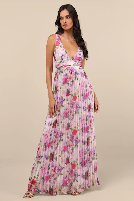 Morgana Lilac Multi Floral Satin Pleated Maxi Dress sold by Lulus product image thumbnail 3