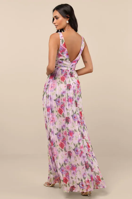 Morgana Lilac Multi Floral Satin Pleated Maxi Dress sold by Lulus product image thumbnail 4