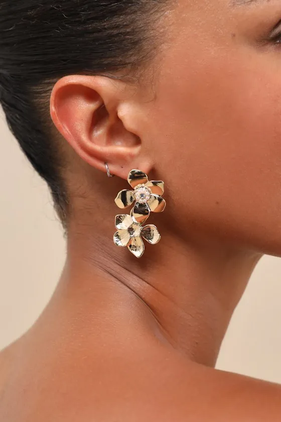 Alstra Gold Flower Statement Earrings sold by Lulus