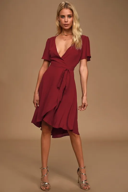 Rise to the Occasion Burgundy Midi Wrap Dress sold by Lulus