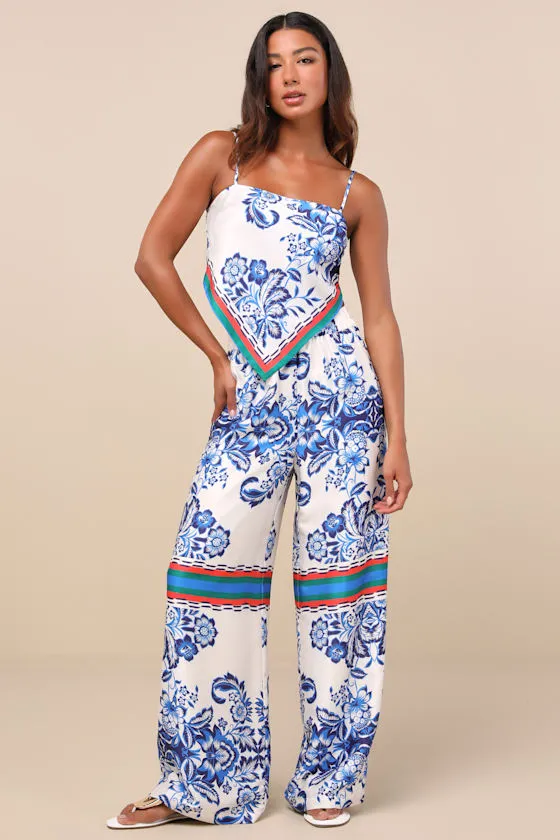 Tulla White and Blue Floral Satin Handkerchief Cami Top sold by Lulus product image thumbnail 4