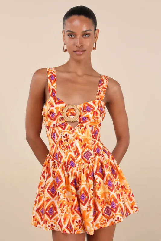Luniper Orange Multi Boho Print Basque Waist Romper sold by Lulus