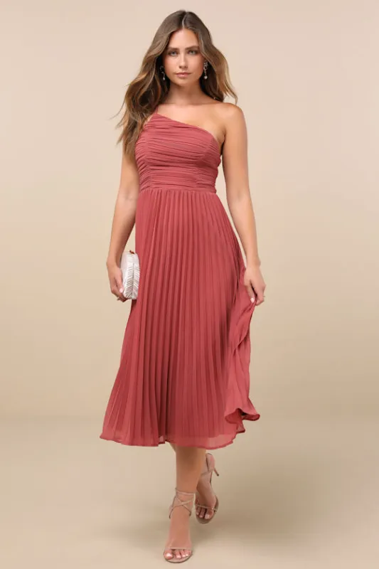 Wondrous Muse Rusty Rose Pleated One-Shoulder Midi Dress sold by Lulus