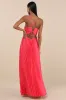 Dreaming in Color Coral V-Neck Pleated Satin Maxi Dress sold by Lulus