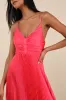 Dreaming in Color Coral V-Neck Pleated Satin Maxi Dress sold by Lulus