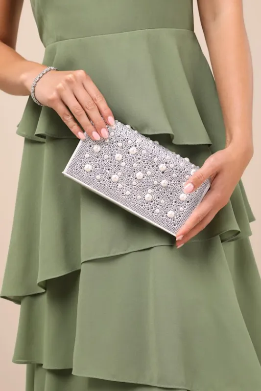 Flap Sparkler Silver Rhinestone Pearl Crossbody Clutch sold by Lulus