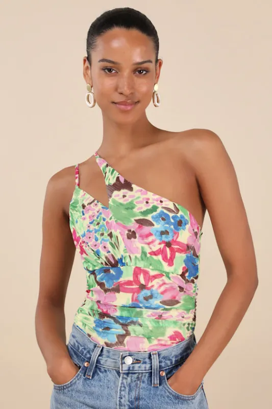 Anahera Green Floral Mesh Cutout One-Shoulder Bodysuit sold by Lulus
