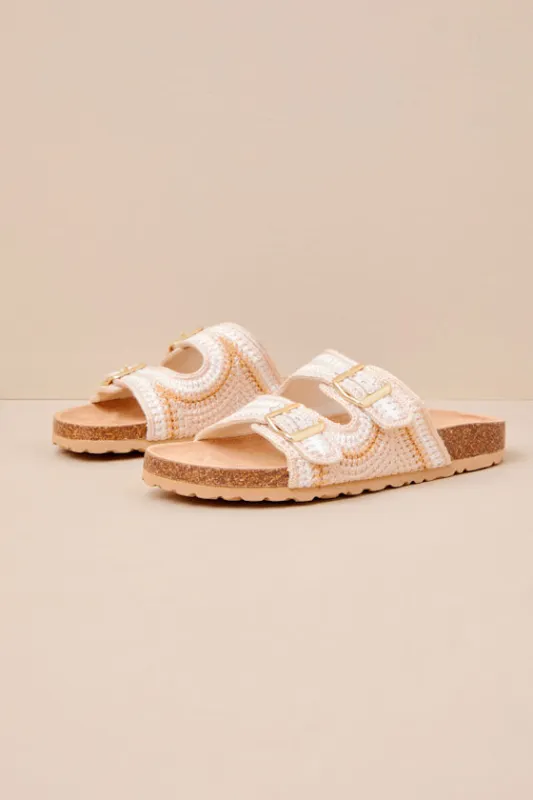 Tambour Natural Multi Crochet Buckle Slide Sandals sold by Lulus