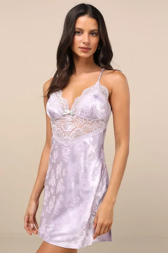 Aliona Lilac Satin Jacquard Lace Lingerie Slip sold by Lulus