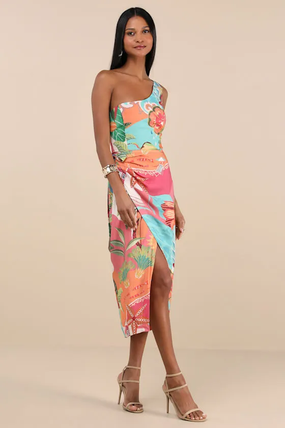 Hilinai Blue Multi Tropical Print Wrap Midi Dress sold by Lulus