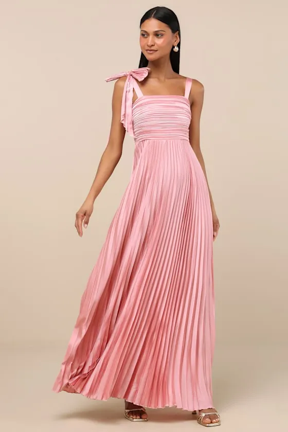 Gorgeous Purpose Pink Satin Pleated Sleeveless Bow Maxi Dress sold by Lulus