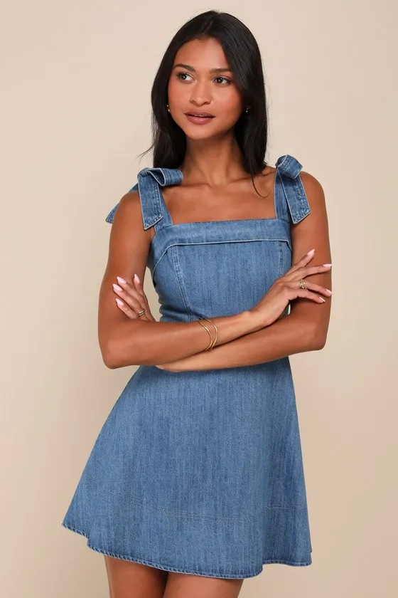 Precisely Sweet Medium Wash Tie-Strap Denim Mini Dress sold by Lulus