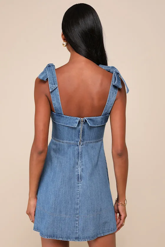 Precisely Sweet Medium Wash Tie-Strap Denim Mini Dress sold by Lulus product image thumbnail 3