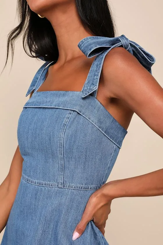 Precisely Sweet Medium Wash Tie-Strap Denim Mini Dress sold by Lulus product image thumbnail 4