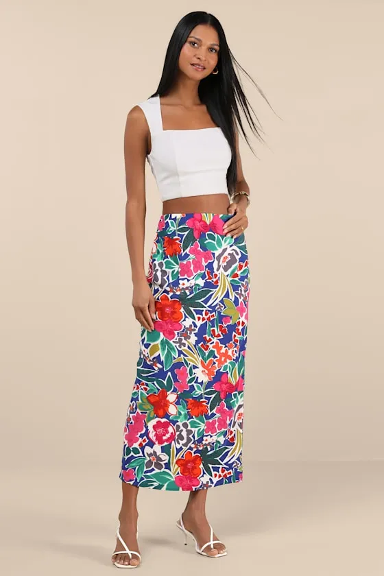 Sanaa Dark Blue Floral High-Rise Midi Skirt sold by Lulus