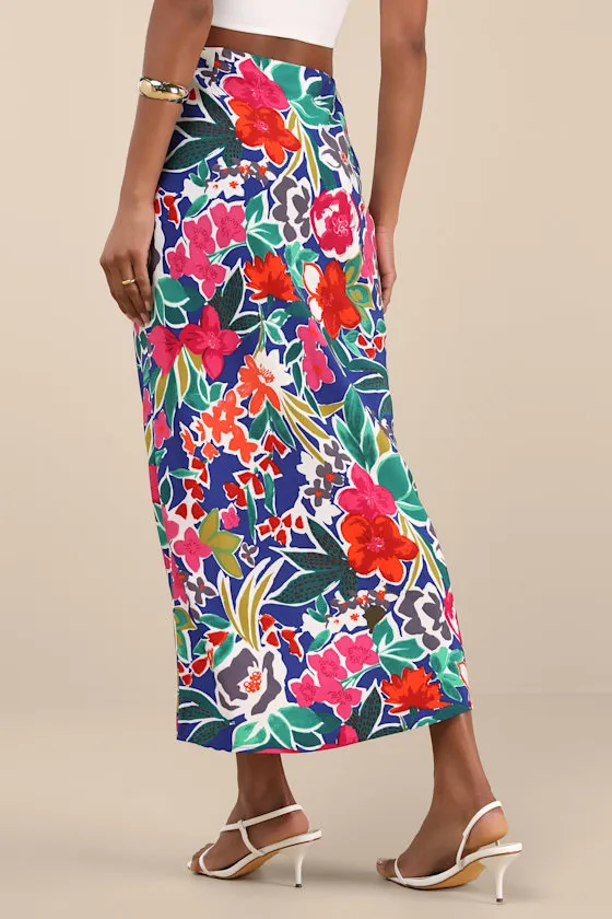 Sanaa Dark Blue Floral High-Rise Midi Skirt sold by Lulus product image thumbnail 3
